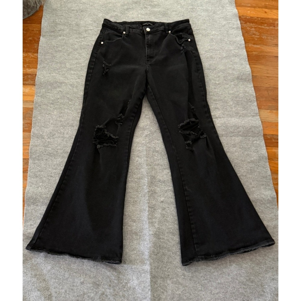 Almost Famous Black Distressed Flare Jeans High Rise Ripped Bell Bottoms Size 13